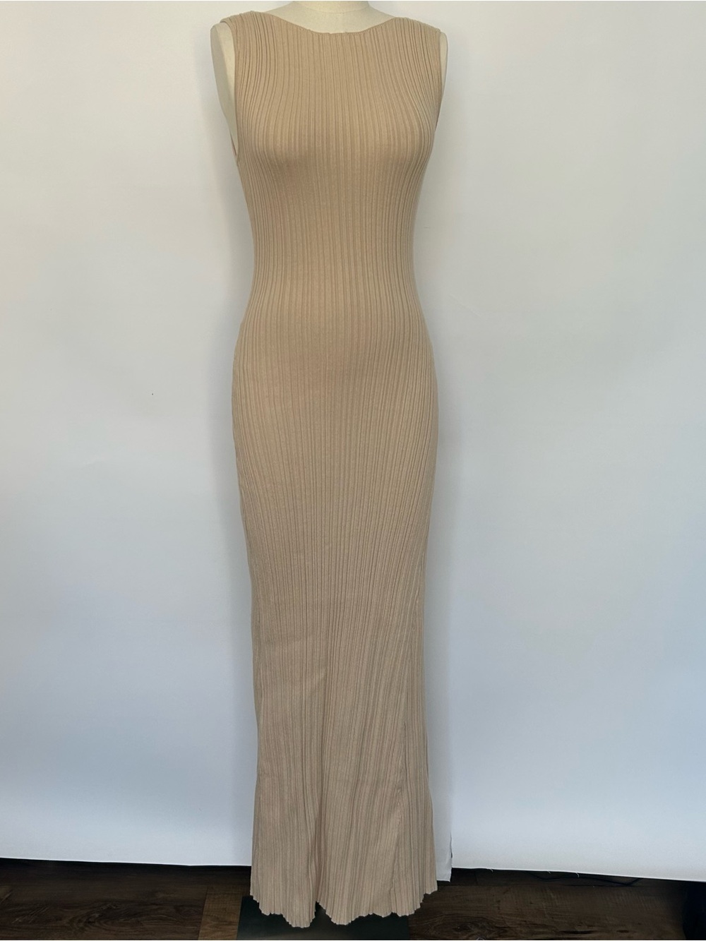 White Fox Boutique Sleeveless Ribbed Maxi Dress in Tan